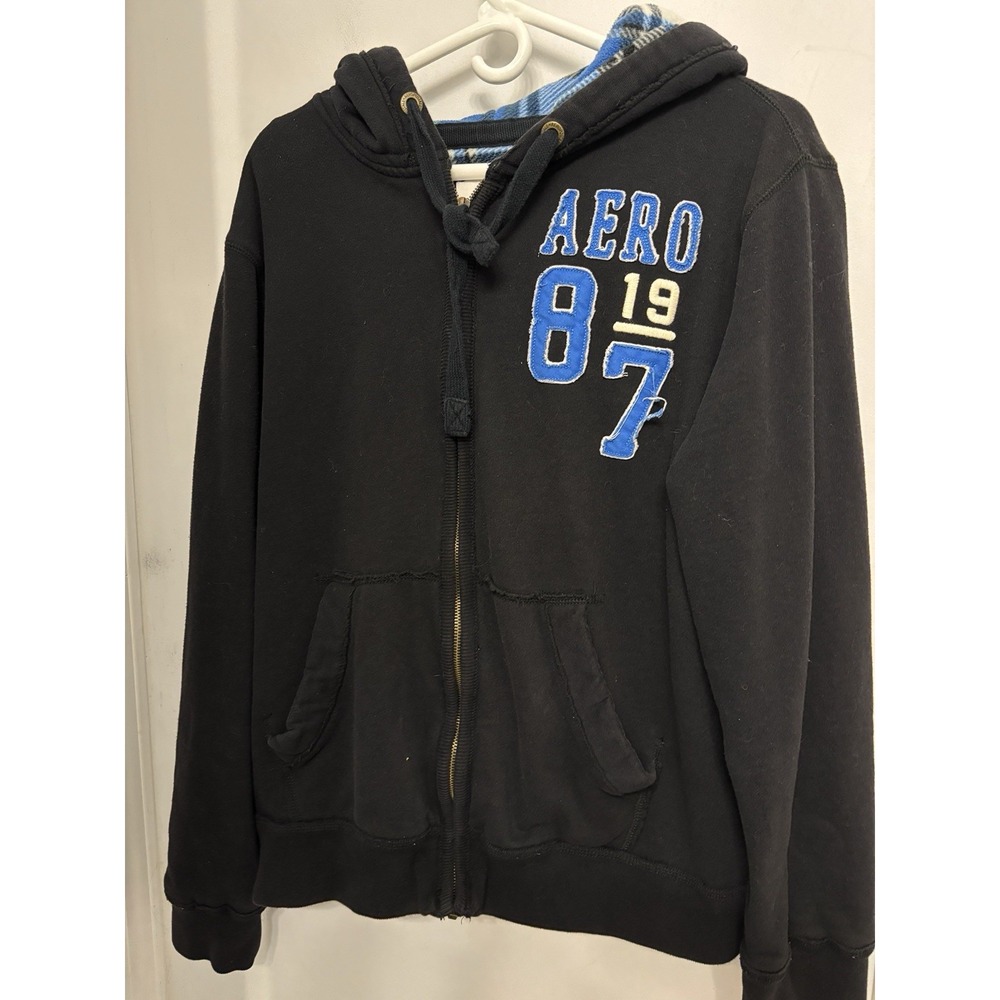 Aeropostale 1987 XL Unisex Black Lined Blue Flannel Hoodie 48x29 Heavy Warm Y2K
